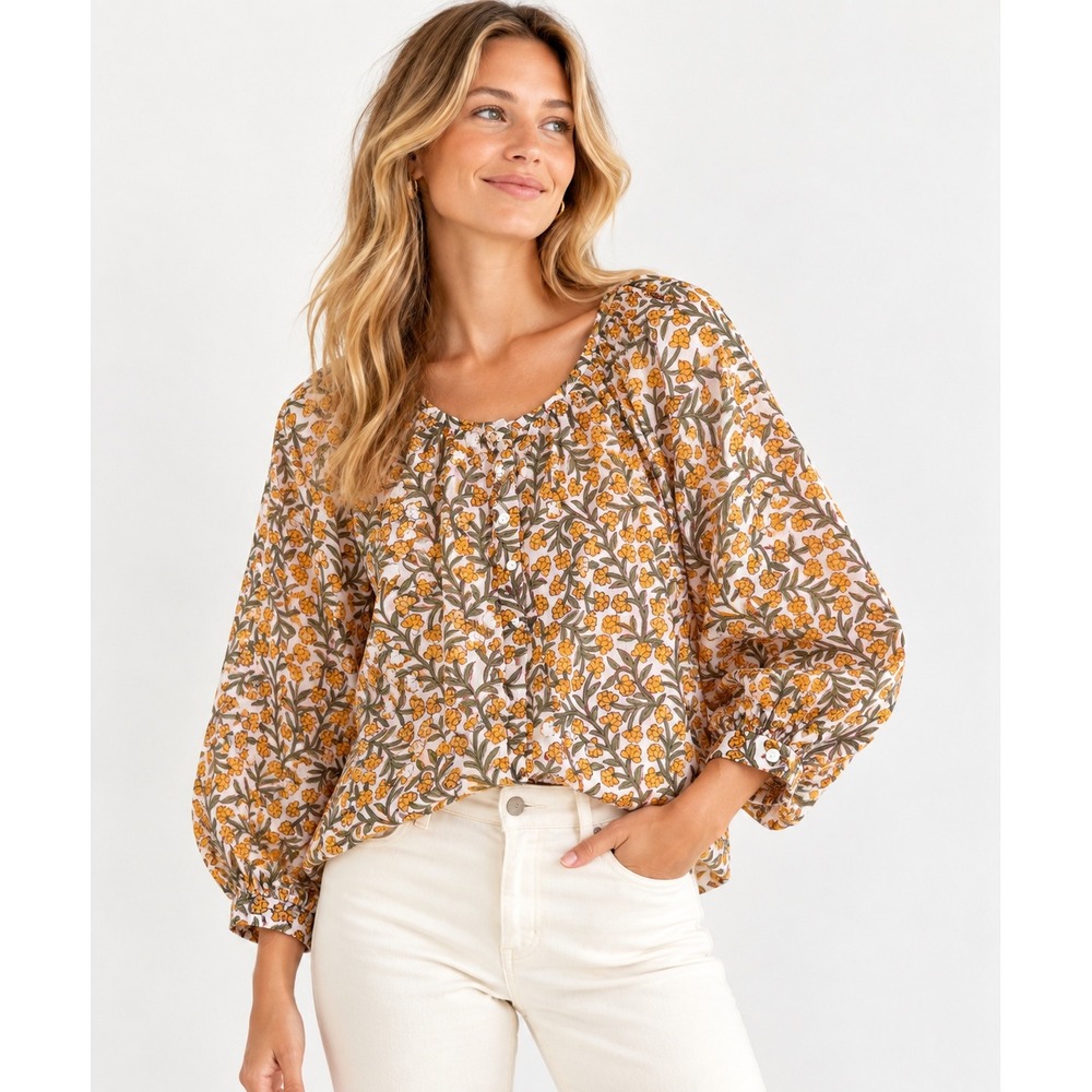 Emerson Fry India Collection Frances Peasant Blouse M Mustard Floral Boho